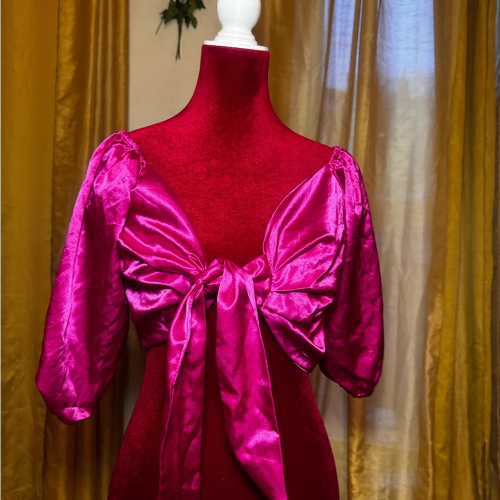 Satin Tie-Front Crop Top in Fuchsia